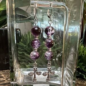Purple Crackle Beaded Cross Earrings